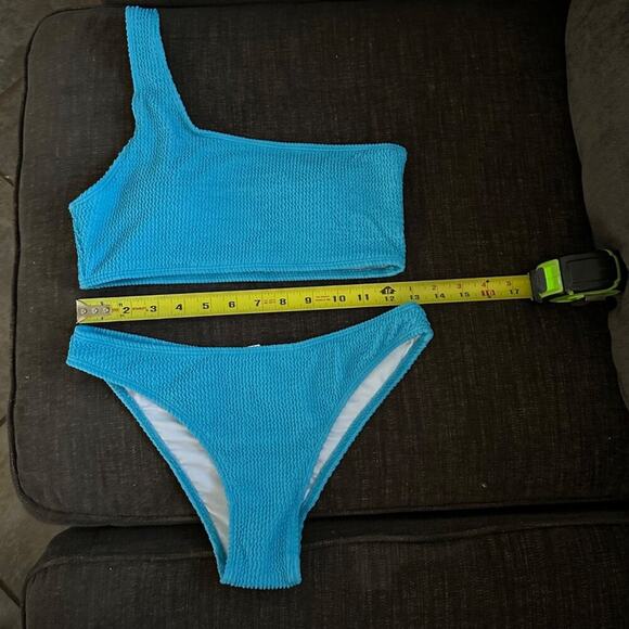 Women One-Shoulder Ribbed Bikini Blue Size M High-Waist Cheeky 2-Piece Swimsuit - Picture 2 of 8